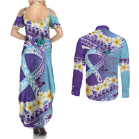 No Story Should End Too Soon Suicide Awareness Couples Matching Summer Maxi Dress and Long Sleeve Button Shirt Purple And Teal Polynesian Ribbon LT14 - Polynesian Pride