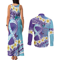 No Story Should End Too Soon Suicide Awareness Couples Matching Tank Maxi Dress and Long Sleeve Button Shirt Purple And Teal Polynesian Ribbon