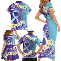No Story Should End Too Soon Suicide Awareness Family Matching Short Sleeve Bodycon Dress and Hawaiian Shirt Purple And Teal Polynesian Ribbon