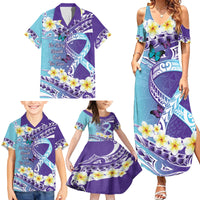 No Story Should End Too Soon Suicide Awareness Family Matching Summer Maxi Dress and Hawaiian Shirt Purple And Teal Polynesian Ribbon