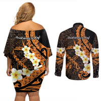 Liver Cancer Awareness Month Couples Matching Off Shoulder Short Dress and Long Sleeve Button Shirt Awareness Is Key Orange Polynesian Ribbon