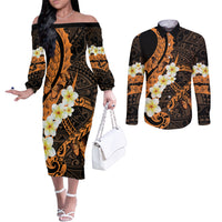 Liver Cancer Awareness Month Couples Matching Off The Shoulder Long Sleeve Dress and Long Sleeve Button Shirt Awareness Is Key Orange Polynesian Ribbon