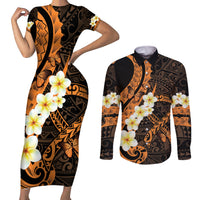 Liver Cancer Awareness Month Couples Matching Short Sleeve Bodycon Dress and Long Sleeve Button Shirt Awareness Is Key Orange Polynesian Ribbon