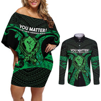 ADHD Awareness Month You Matter Couples Matching Off Shoulder Short Dress and Long Sleeve Button Shirt Green Polynesian Ribbon