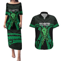 ADHD Awareness Month You Matter Couples Matching Puletasi and Hawaiian Shirt Green Polynesian Ribbon