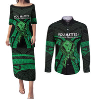 ADHD Awareness Month You Matter Couples Matching Puletasi and Long Sleeve Button Shirt Green Polynesian Ribbon LT14 Green - Polynesian Pride