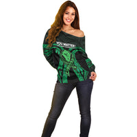 ADHD Awareness Month You Matter Off Shoulder Sweater Green Polynesian Ribbon