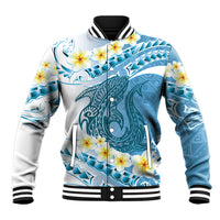 Blue Hawaii Shark Tattoo Baseball Jacket Frangipani With Polynesian Pastel Version LT14 Unisex Blue - Polynesian Pride