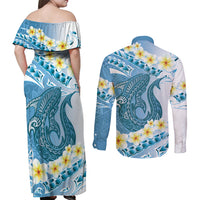 Blue Hawaii Shark Tattoo Couples Matching Off Shoulder Maxi Dress and Long Sleeve Button Shirt Frangipani With Polynesian Pastel Version LT14 - Polynesian Pride