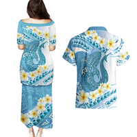 Blue Hawaii Shark Tattoo Couples Matching Puletasi and Hawaiian Shirt Frangipani With Polynesian Pastel Version LT14 - Polynesian Pride