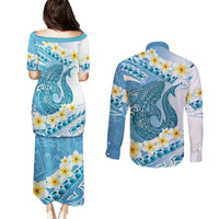 Blue Hawaii Shark Tattoo Couples Matching Puletasi and Long Sleeve Button Shirt Frangipani With Polynesian Pastel Version LT14 - Polynesian Pride