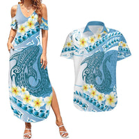 Blue Hawaii Shark Tattoo Couples Matching Summer Maxi Dress and Hawaiian Shirt Frangipani With Polynesian Pastel Version LT14 Blue - Polynesian Pride