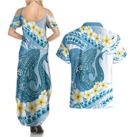 Blue Hawaii Shark Tattoo Couples Matching Summer Maxi Dress and Hawaiian Shirt Frangipani With Polynesian Pastel Version LT14 - Polynesian Pride