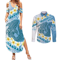 Blue Hawaii Shark Tattoo Couples Matching Summer Maxi Dress and Long Sleeve Button Shirt Frangipani With Polynesian Pastel Version LT14 Blue - Polynesian Pride