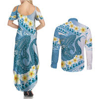 Blue Hawaii Shark Tattoo Couples Matching Summer Maxi Dress and Long Sleeve Button Shirt Frangipani With Polynesian Pastel Version LT14 - Polynesian Pride