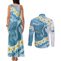 Blue Hawaii Shark Tattoo Couples Matching Tank Maxi Dress and Long Sleeve Button Shirt Frangipani With Polynesian Pastel Version LT14 - Polynesian Pride