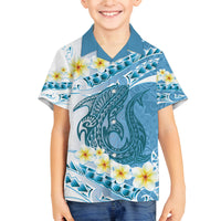 Blue Hawaii Shark Tattoo Family Matching Off Shoulder Short Dress and Hawaiian Shirt Frangipani With Polynesian Pastel Version