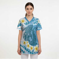 Blue Hawaii Shark Tattoo Scrub Top Frangipani With Polynesian Pastel Version - Polynesian Pride