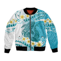 Turquoise Hawaii Shark Tattoo Bomber Jacket Frangipani With Polynesian Pastel Version LT14 Unisex Turquoise - Polynesian Pride
