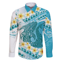 Turquoise Hawaii Shark Tattoo Family Matching Long Sleeve Bodycon Dress and Hawaiian Shirt Frangipani With Polynesian Pastel Version LT14 Dad's Shirt - Long Sleeve Turquoise - Polynesian Pride