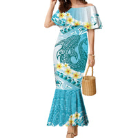 Turquoise Hawaii Shark Tattoo Family Matching Mermaid Dress and Hawaiian Shirt Frangipani With Polynesian Pastel Version
