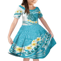 Turquoise Hawaii Shark Tattoo Kid Short Sleeve Dress Frangipani With Polynesian Pastel Version