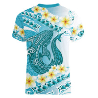 Turquoise Hawaii Shark Tattoo Women V-Neck T-Shirt Frangipani With Polynesian Pastel Version