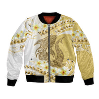 Gold Hawaii Shark Tattoo Bomber Jacket Frangipani With Polynesian Pastel Version LT14 Unisex Gold - Polynesian Pride