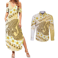 Gold Hawaii Shark Tattoo Couples Matching Summer Maxi Dress and Long Sleeve Button Shirt Frangipani With Polynesian Pastel Version LT14 Gold - Polynesian Pride