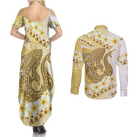 Gold Hawaii Shark Tattoo Couples Matching Summer Maxi Dress and Long Sleeve Button Shirt Frangipani With Polynesian Pastel Version LT14 - Polynesian Pride