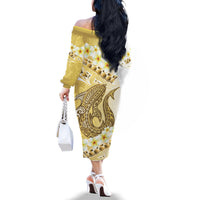 Gold Hawaii Shark Tattoo Family Matching Off The Shoulder Long Sleeve Dress and Hawaiian Shirt Frangipani With Polynesian Pastel Version