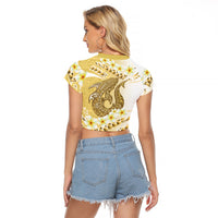 Gold Hawaii Shark Tattoo Raglan Cropped T Shirt Frangipani With Polynesian Pastel Version