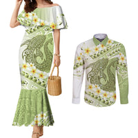 Green Hawaii Shark Tattoo Couples Matching Mermaid Dress and Long Sleeve Button Shirt Frangipani With Polynesian Pastel Version LT14 Green - Polynesian Pride