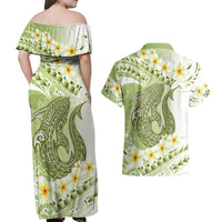 Green Hawaii Shark Tattoo Couples Matching Off Shoulder Maxi Dress and Hawaiian Shirt Frangipani With Polynesian Pastel Version