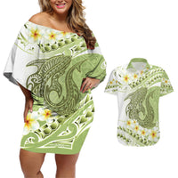 Green Hawaii Shark Tattoo Couples Matching Off Shoulder Short Dress and Hawaiian Shirt Frangipani With Polynesian Pastel Version