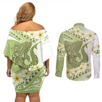 Green Hawaii Shark Tattoo Couples Matching Off Shoulder Short Dress and Long Sleeve Button Shirt Frangipani With Polynesian Pastel Version LT14 - Polynesian Pride