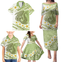 Green Hawaii Shark Tattoo Family Matching Puletasi and Hawaiian Shirt Frangipani With Polynesian Pastel Version