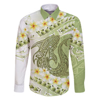 Green Hawaii Shark Tattoo Family Matching Short Sleeve Bodycon Dress and Hawaiian Shirt Frangipani With Polynesian Pastel Version