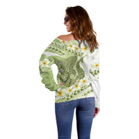 Green Hawaii Shark Tattoo Off Shoulder Sweater Frangipani With Polynesian Pastel Version