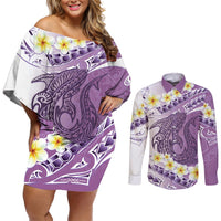 Purple Hawaii Shark Tattoo Couples Matching Off Shoulder Short Dress and Long Sleeve Button Shirt Frangipani With Polynesian Pastel Version LT14 Purple - Polynesian Pride
