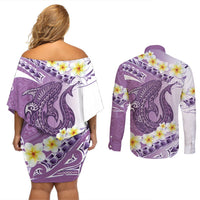 Purple Hawaii Shark Tattoo Couples Matching Off Shoulder Short Dress and Long Sleeve Button Shirt Frangipani With Polynesian Pastel Version LT14 - Polynesian Pride