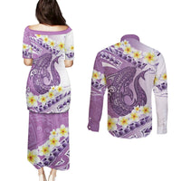 Purple Hawaii Shark Tattoo Couples Matching Puletasi and Long Sleeve Button Shirt Frangipani With Polynesian Pastel Version LT14 - Polynesian Pride