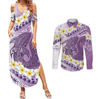 Purple Hawaii Shark Tattoo Couples Matching Summer Maxi Dress and Long Sleeve Button Shirt Frangipani With Polynesian Pastel Version LT14 Purple - Polynesian Pride