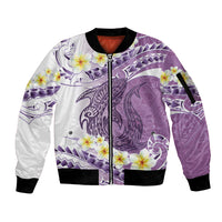 Purple Hawaii Shark Tattoo Sleeve Zip Bomber Jacket Frangipani With Polynesian Pastel Version LT14 Unisex Purple - Polynesian Pride