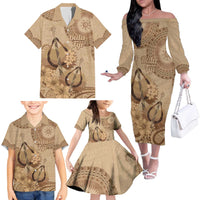 Brown Bula Fiji Family Matching Off The Shoulder Long Sleeve Dress and Hawaiian Shirt Fijian Dance Fan Tapa Cloth Pattern