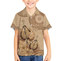 Brown Bula Fiji Family Matching Off The Shoulder Long Sleeve Dress and Hawaiian Shirt Fijian Dance Fan Tapa Cloth Pattern