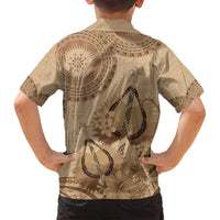 Brown Bula Fiji Family Matching Off Shoulder Maxi Dress and Hawaiian Shirt Fijian Dance Fan Tapa Cloth Pattern