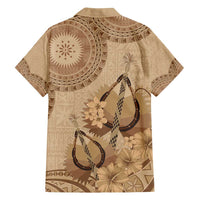 Brown Bula Fiji Family Matching Off Shoulder Short Dress and Hawaiian Shirt Fijian Dance Fan Tapa Cloth Pattern