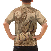 Brown Bula Fiji Family Matching Short Sleeve Bodycon Dress and Hawaiian Shirt Fijian Dance Fan Tapa Cloth Pattern