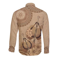 Brown Bula Fiji Long Sleeve Button Shirt Fijian Dance Fan Tapa Cloth Pattern